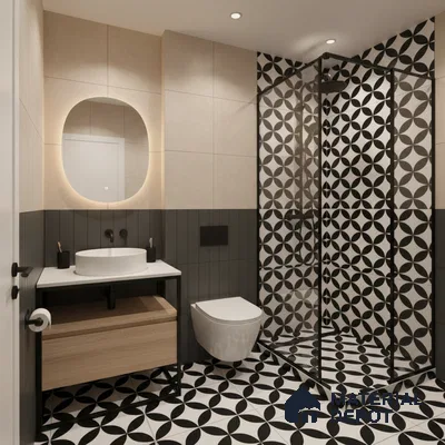Modern bathroom with black-and-white geometric tiles and beige wall tiles in Bengaluru | Material Depot