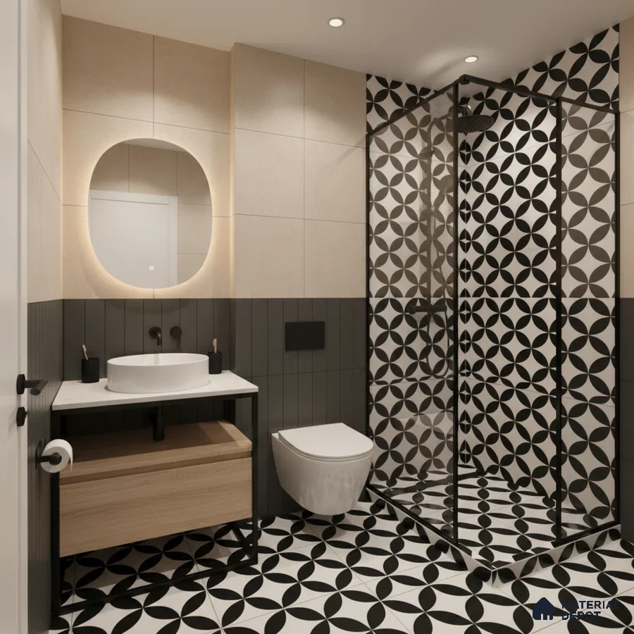 Modern bathroom with black-and-white geometric tiles and beige wall tiles in Bengaluru | Material Depot