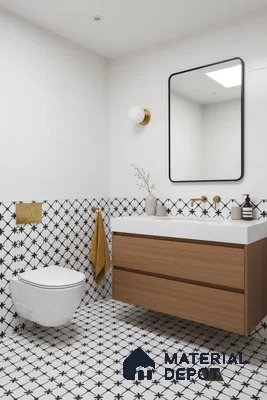 Modern bathroom with black-and-white geometric tiles, white wall tiles, and wood laminate vanity in Bengaluru | Material Depot