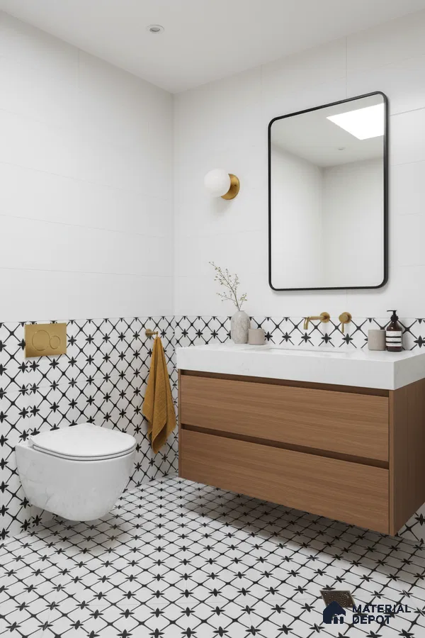 Modern bathroom with black-and-white geometric tiles, white wall tiles, and wood laminate vanity in Bengaluru | Material Depot