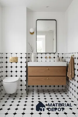 Modern bathroom with black-and-white geometric wall and floor tiles and wood laminate vanity in Bengaluru | Material Depot