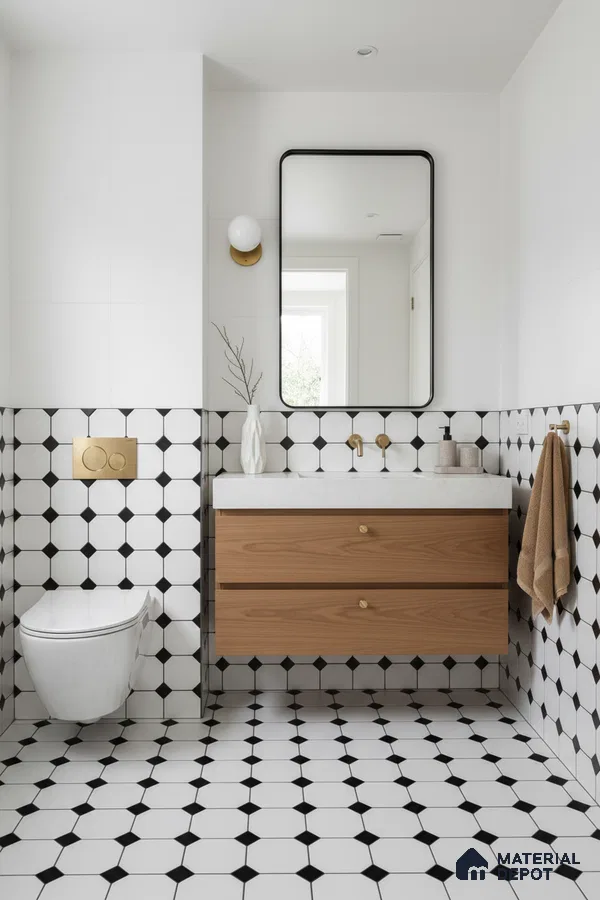 Modern bathroom with black-and-white geometric wall and floor tiles and wood laminate vanity in Bengaluru | Material Depot