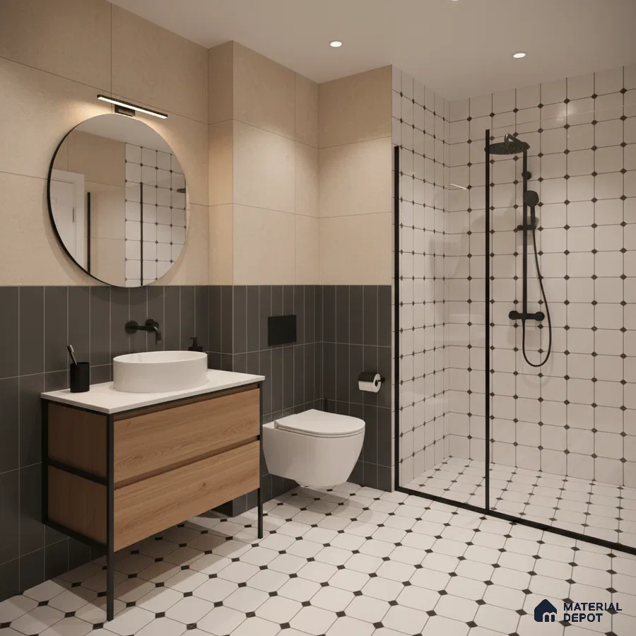Modern bathroom with black-and-white geometric wall and floor tiles and wood vanity in Bengaluru | Material Depot