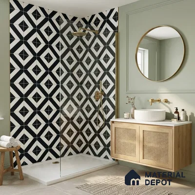Modern bathroom with black-and-white geometric wall tiles and cane-front floating vanity