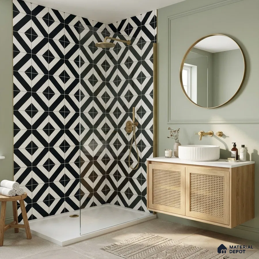 Modern bathroom with black-and-white geometric wall tiles and cane-front floating vanity