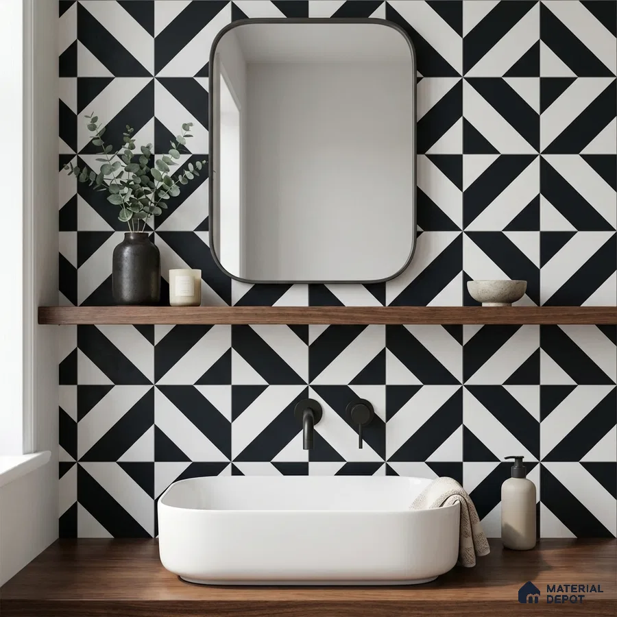 Modern bathroom with black-and-white geometric wall tiles and walnut wood countertop