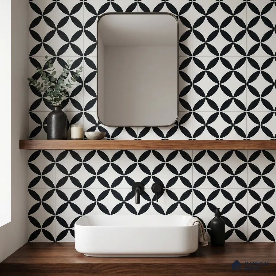 Modern bathroom with black-and-white geometric wall tiles and walnut wood countertop