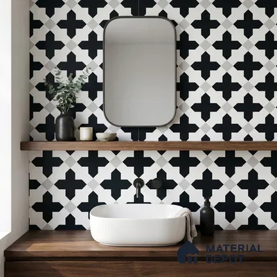 Modern bathroom with black-and-white geometric wall tiles and walnut wood vanity