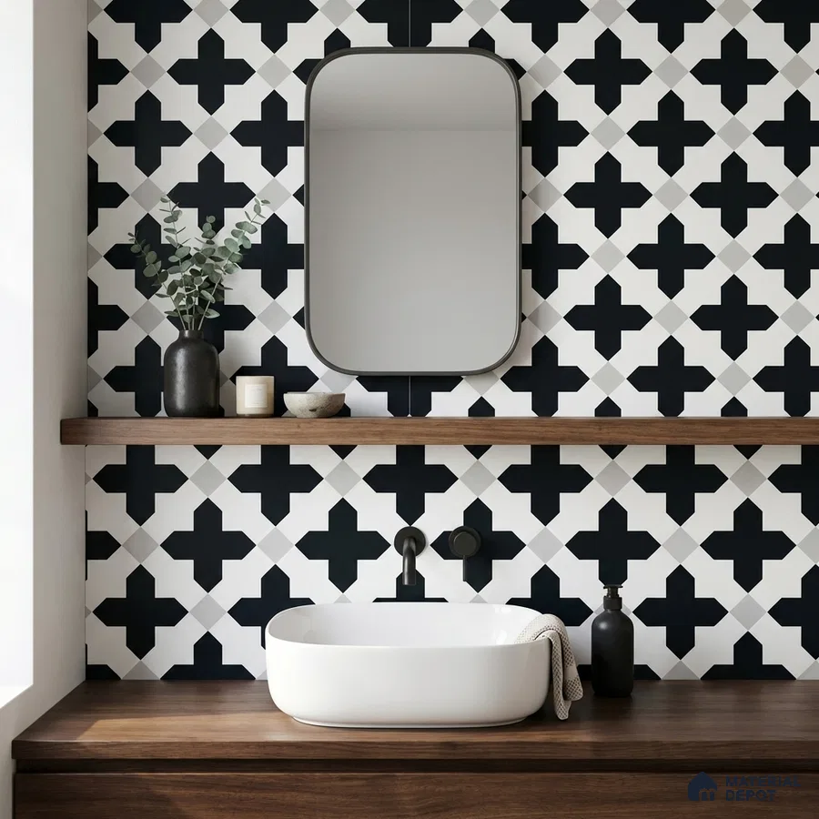Modern bathroom with black-and-white geometric wall tiles and walnut wood vanity