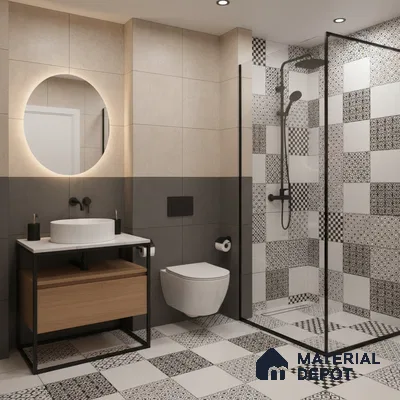 Modern bathroom with black-and-white patterned tiles and beige wall tiles in Bengaluru | Material Depot