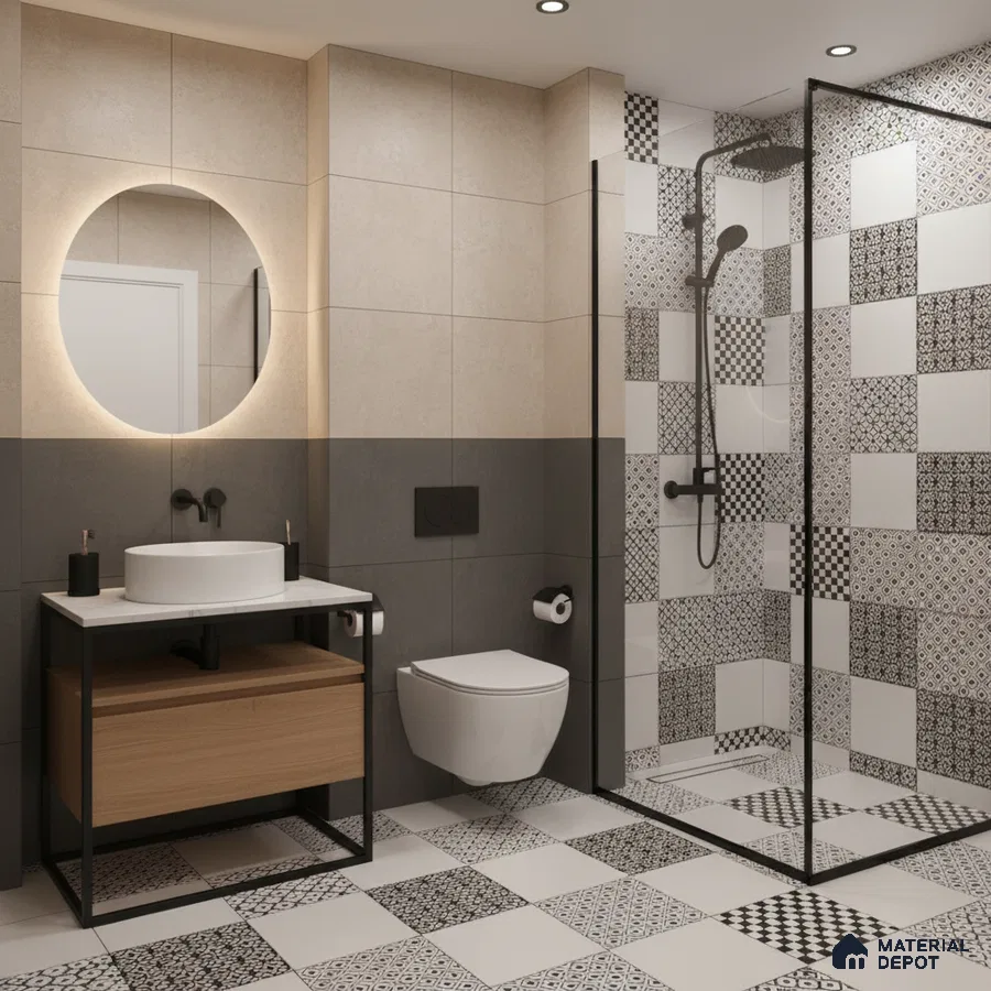 Modern bathroom with black-and-white patterned tiles and beige wall tiles in Bengaluru | Material Depot