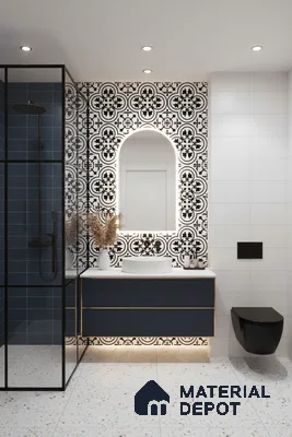 Modern bathroom with black-and-white patterned wall tiles, navy blue vanity, terrazzo floor tiles in Bengaluru | Material Depot