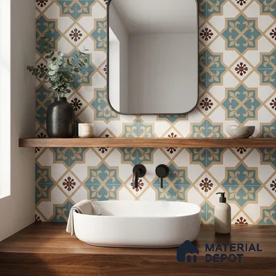 Modern bathroom with blue and beige moroccan patterned wall tiles and walnut wood countertop