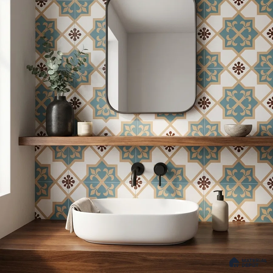 Modern bathroom with blue and beige moroccan patterned wall tiles and walnut wood countertop