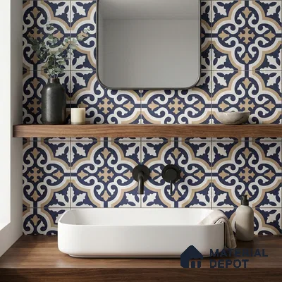 Modern bathroom with blue and beige moroccan patterned wall tiles and walnut wood countertop