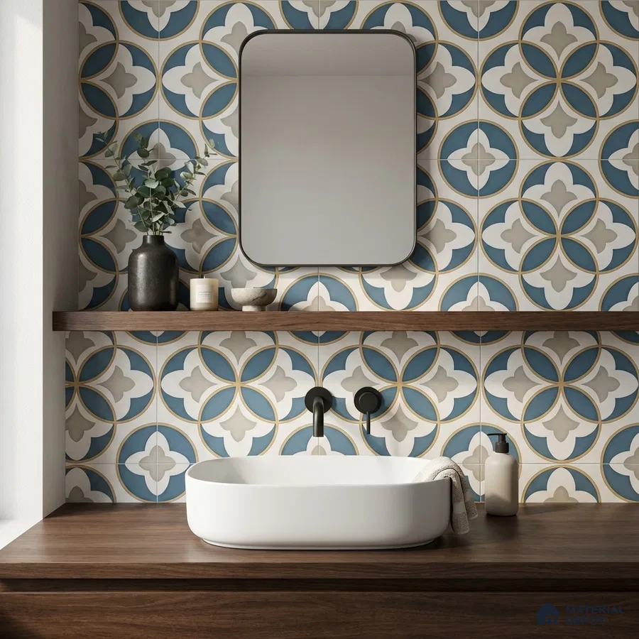 Modern bathroom with blue and beige moroccan patterned wall tiles and walnut wood vanity