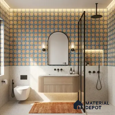 Modern bathroom with blue and beige patterned wall tiles, terrazzo floor, and fluted wood vanity