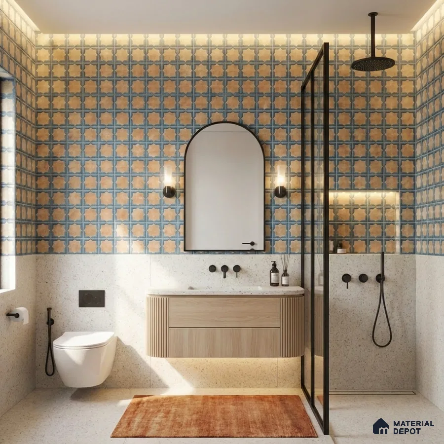 Modern bathroom with blue and beige patterned wall tiles, terrazzo floor, and fluted wood vanity