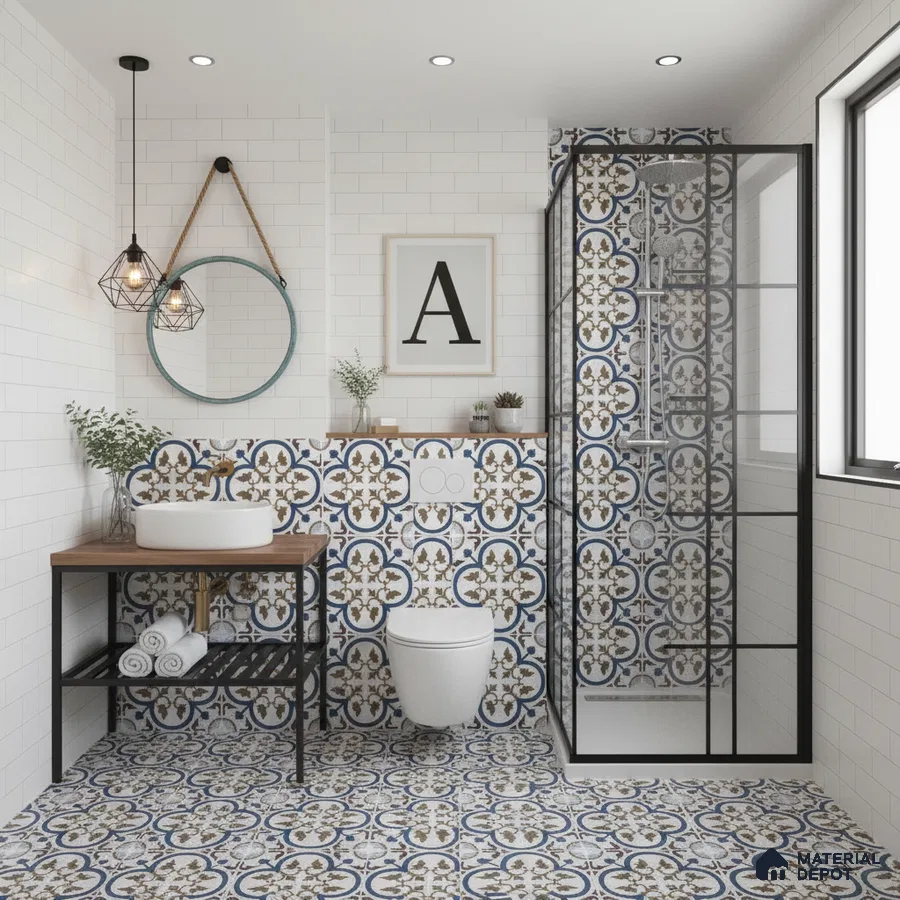 Modern bathroom with blue and brown geometric moroccan tiles and white subway wall tiles in Bengaluru | Material Depot