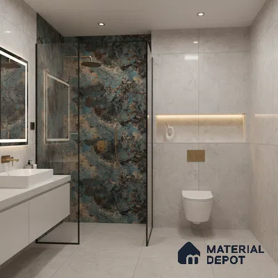 Modern bathroom with blue and brown marble highlighter wall tile and light grey marble wall tiles | Material Depot