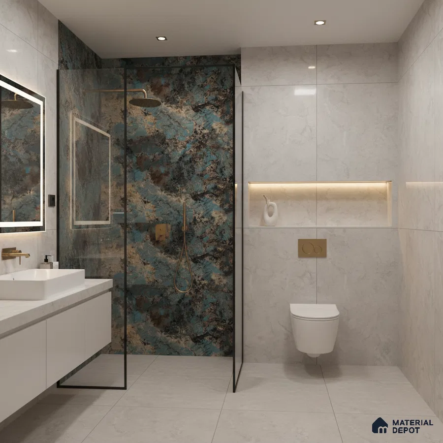 Modern bathroom with blue and brown marble highlighter wall tile and light grey marble wall tiles | Material Depot