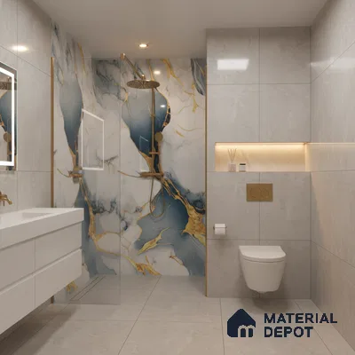 Modern bathroom with blue and gold marble highlighter wall tile and light grey marble wall tiles | Material Depot