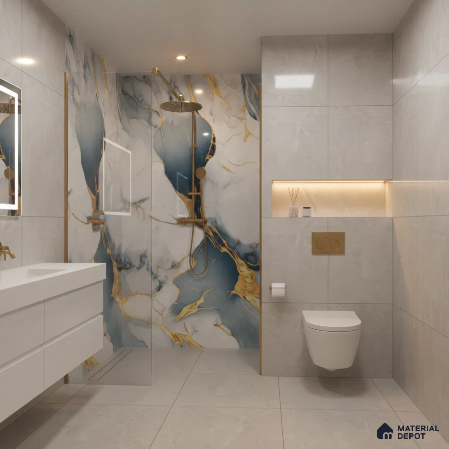 Modern bathroom with blue and gold marble highlighter wall tile and light grey marble wall tiles | Material Depot