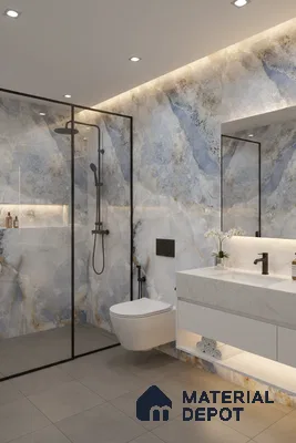 Modern bathroom with blue and gold marble-look wall tiles and white quartz vanity | Material Depot