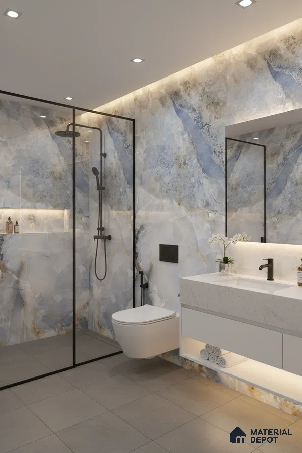 Modern bathroom with blue and gold marble-look wall tiles and white quartz vanity | Material Depot