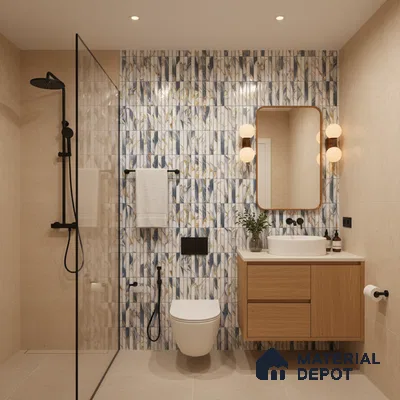 Modern bathroom with blue and gold patterned wall tiles, beige floor tiles, and light oak floating vanity | Material Depot