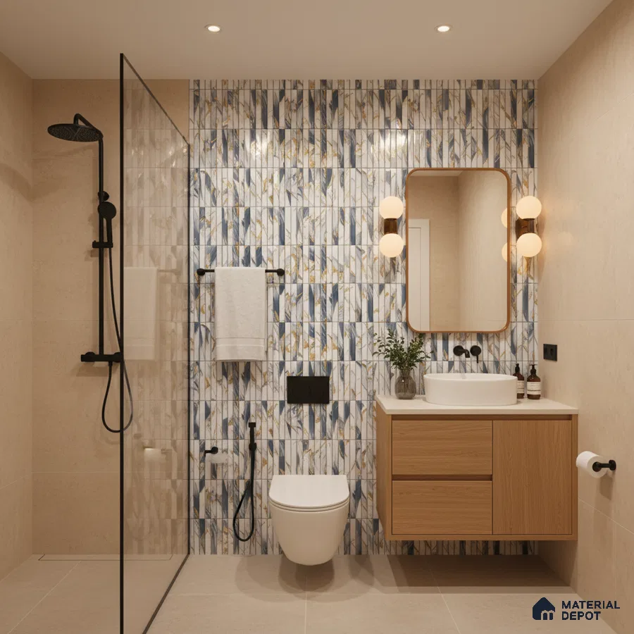 Modern bathroom with blue and gold patterned wall tiles, beige floor tiles, and light oak floating vanity | Material Depot