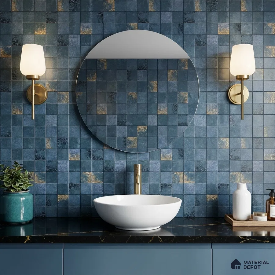 Modern bathroom with blue and gold square mosaic wall tiles and black marble countertop