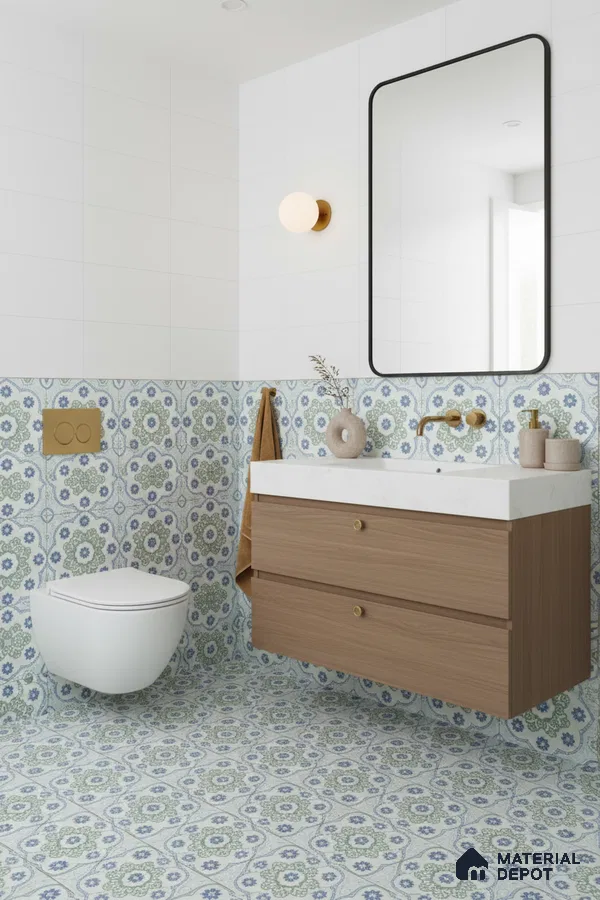 Modern bathroom with blue and green floral patterned tiles, white wall tiles, and wood vanity in Bengaluru | Material Depot