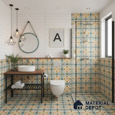 Modern bathroom with blue and ochre geometric patterned tiles and white subway wall tiles in Bengaluru | Material Depot