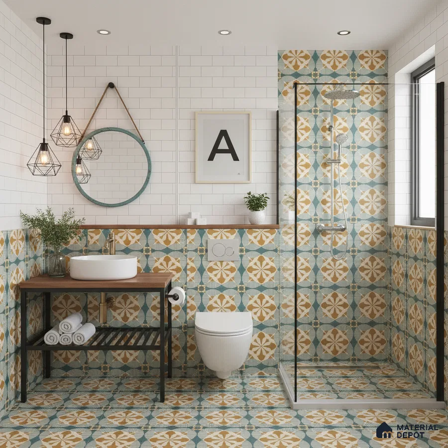 Modern bathroom with blue and ochre geometric patterned tiles and white subway wall tiles in Bengaluru | Material Depot