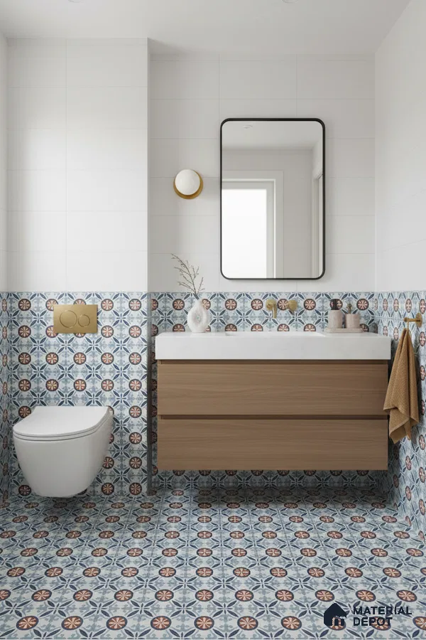 Modern bathroom with blue and terracotta geometric patterned tiles and light oak vanity in Bengaluru | Material Depot