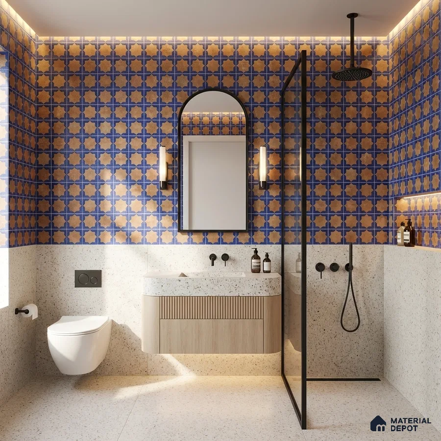 Modern bathroom with blue and terracotta patterned wall tiles and terrazzo floor