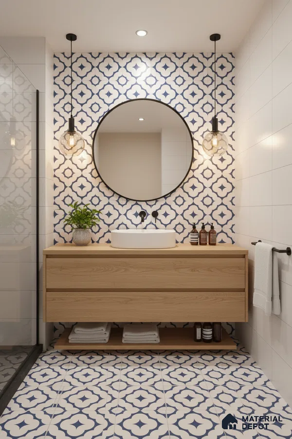 Modern bathroom with blue and white geometric patterned tiles and light oak floating vanity in Bengaluru | Material Depot