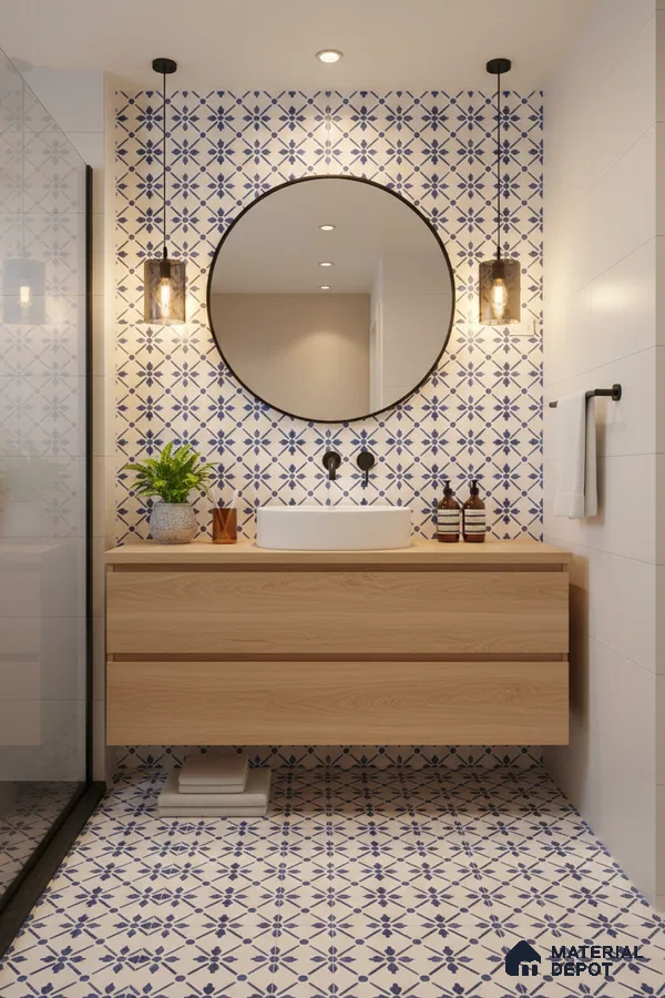 Modern bathroom with blue and white geometric patterned tiles and light oak vanity in Bengaluru | Material Depot