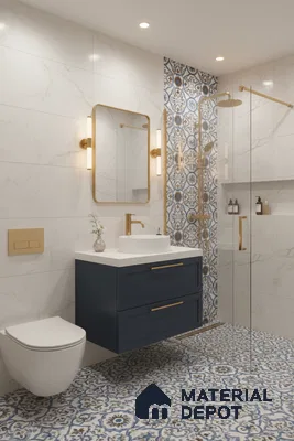 Modern bathroom with blue and white moroccan patterned floor tiles, marble-look wall tiles, and gold accents in Bengaluru | Material Depot
