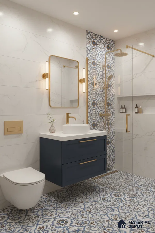 Modern bathroom with blue and white moroccan patterned floor tiles, marble-look wall tiles, and gold accents in Bengaluru | Material Depot