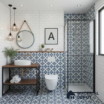 Modern bathroom with blue and white moroccan patterned tiles and white subway wall tiles in Bengaluru | Material Depot
