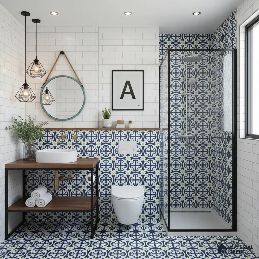 Modern bathroom with blue and white moroccan patterned tiles and white subway wall tiles in Bengaluru | Material Depot