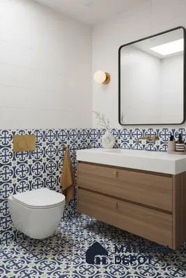 Modern bathroom with blue and white moroccan tiles, white quartz countertop, and wood vanity in Bengaluru | Material Depot