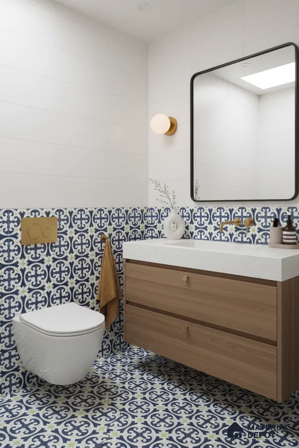 Modern bathroom with blue and white moroccan tiles, white quartz countertop, and wood vanity in Bengaluru | Material Depot