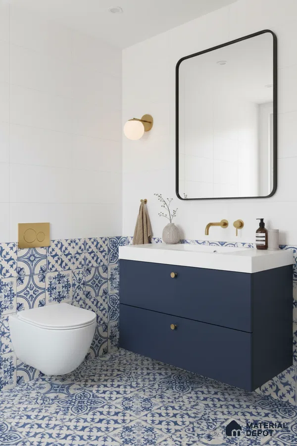 Modern bathroom with blue and white patterned tiles and navy blue vanity in Bengaluru | Material Depot