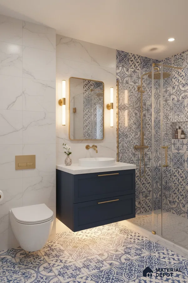 Modern bathroom with blue and white patterned tiles, marble wall tiles, and navy vanity in Bengaluru | Material Depot