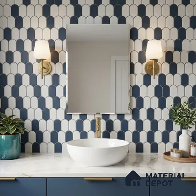 Modern bathroom with blue and white scallop wall tiles and white marble countertop