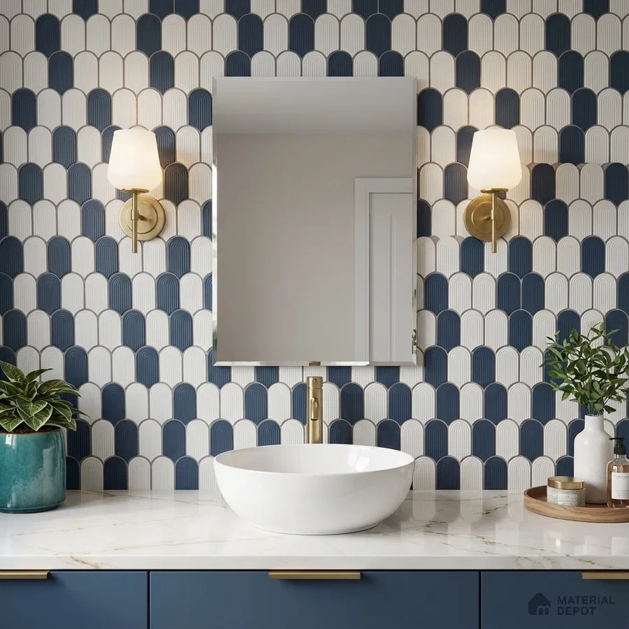 Modern bathroom with blue and white scallop wall tiles and white marble countertop