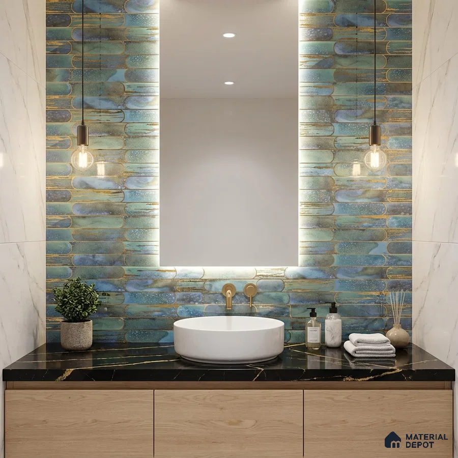 Modern bathroom with blue elongated subway wall tiles, black marble countertop, and light wood vanity
